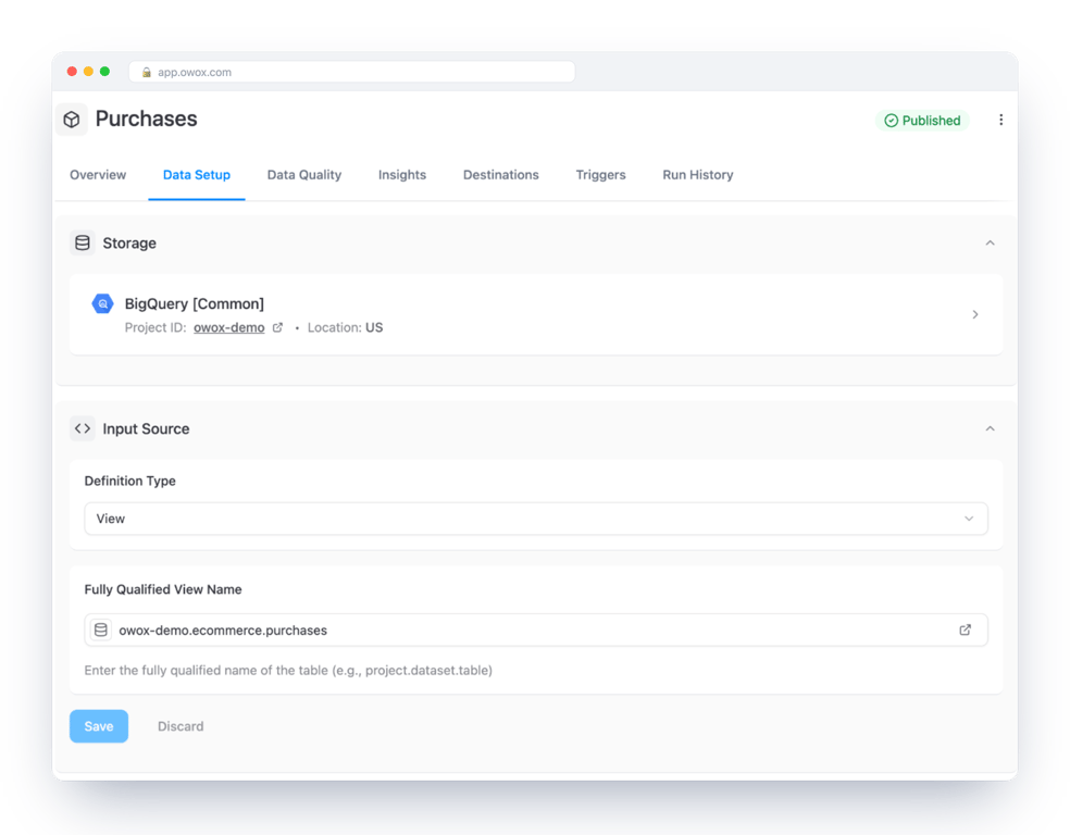 The Purchases Data Mart in OWOX Data Marts, Data Setup tab: storage is a Google BigQuery project and the input source is the view owox-demo.ecommerce.purchases – the analyst’s definition lives in the warehouse