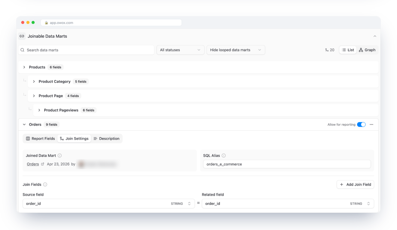 Join settings in OWOX Data Marts linking Purchases to Orders on order_id – a join the analyst declared, which the assistant can use but cannot change