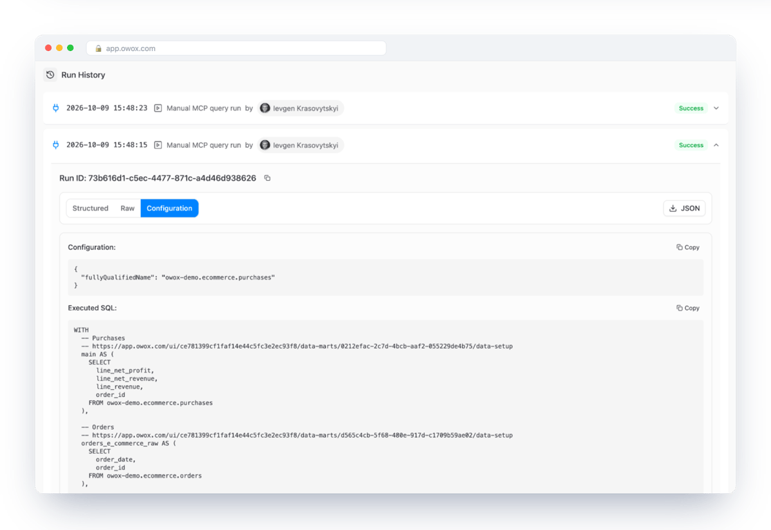 Run History of the Purchases Data Mart in OWOX Data Marts: a Manual MCP query run with the member’s name, opened to show the executed SQL that joins Purchases to Orders – the audit trail for a question asked in an AI chat