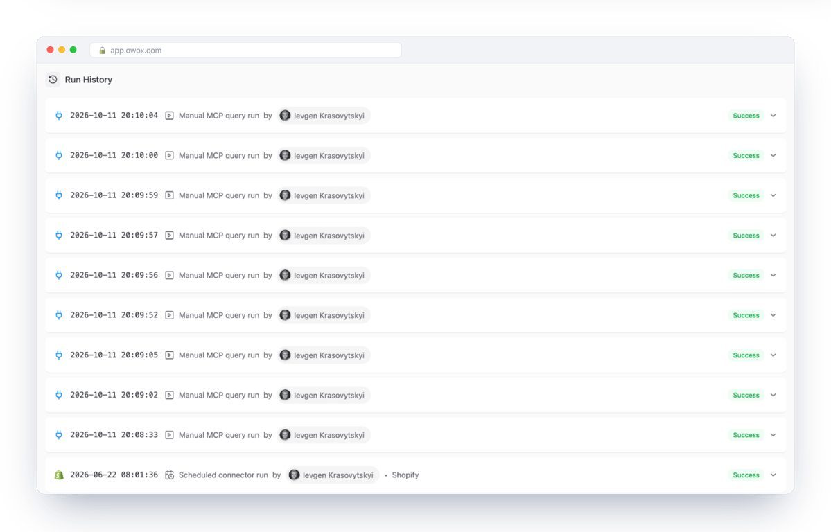 Run History in OWOX Data Marts listing nine Manual MCP query runs on 11 October 2026 above the last scheduled Shopify connector run on 22 June 2026 – every question the assistant asked left an entry