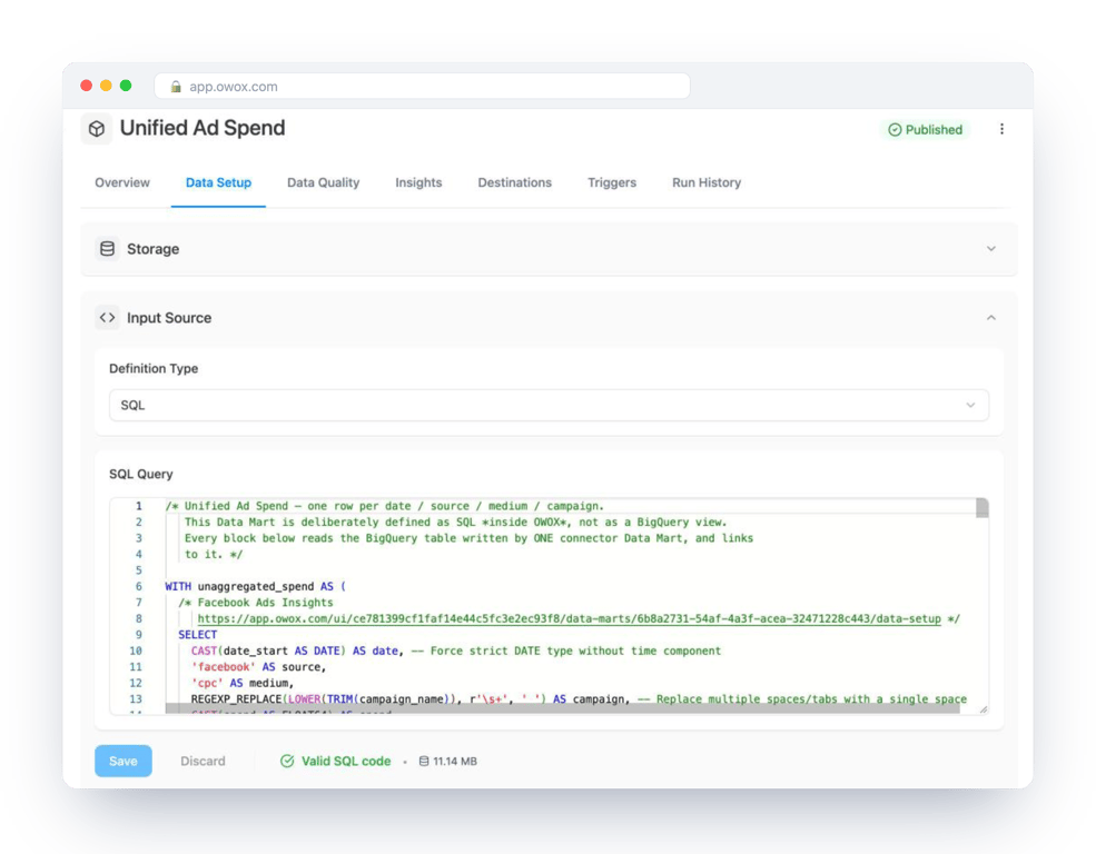Data Setup tab of the Unified Ad Spend Data Mart in OWOX Data Marts, defined as SQL on Google BigQuery, with the SQL validated and its scan size shown – the analyst’s query is the definition