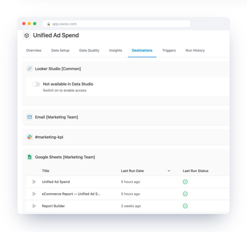 Destinations tab of a Data Mart in OWOX Data Marts with three Google Sheets reports, each showing its last run date and a successful status – one Data Mart feeds several sheets