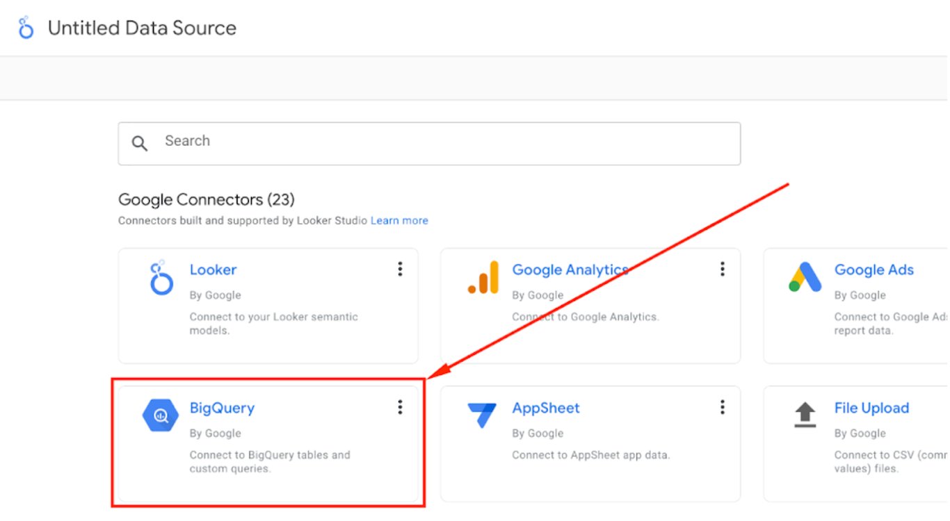 Selecting the BigQuery connector from the list of Google Connectors in Looker Studio to start linking BigQuery data with a new report.