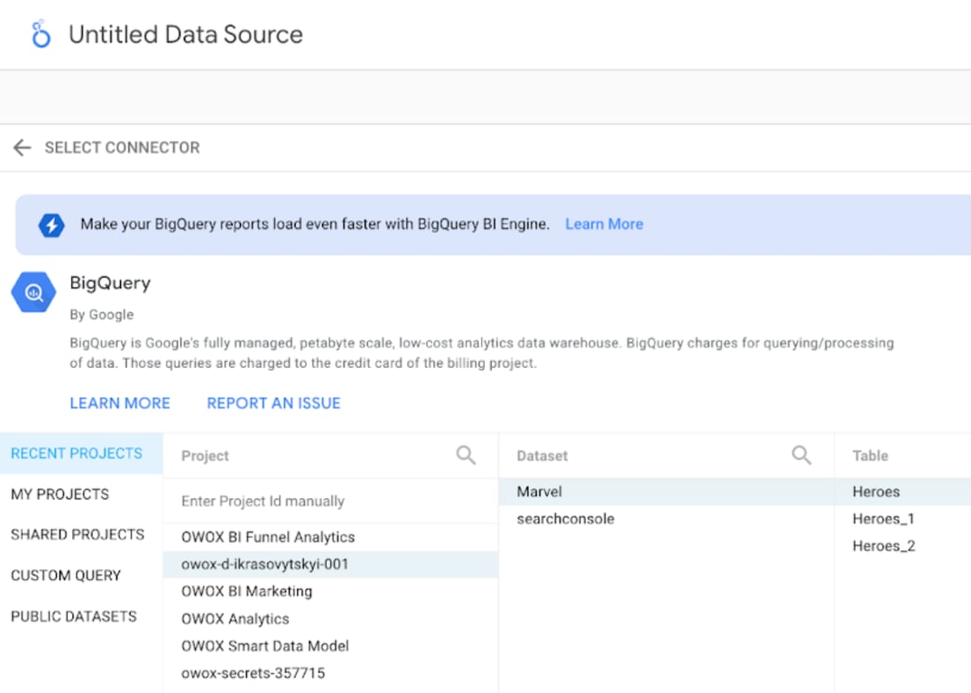 BigQuery projects and datasets within Looker Studio to locate and select a specific table for report connection.