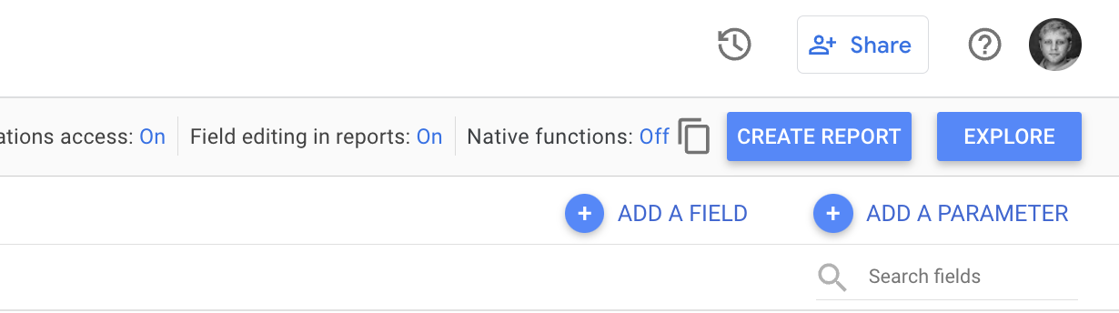 Top toolbar in Looker Studio showing options to create a report, explore data, add fields or parameters, and manage sharing or user access settings.
