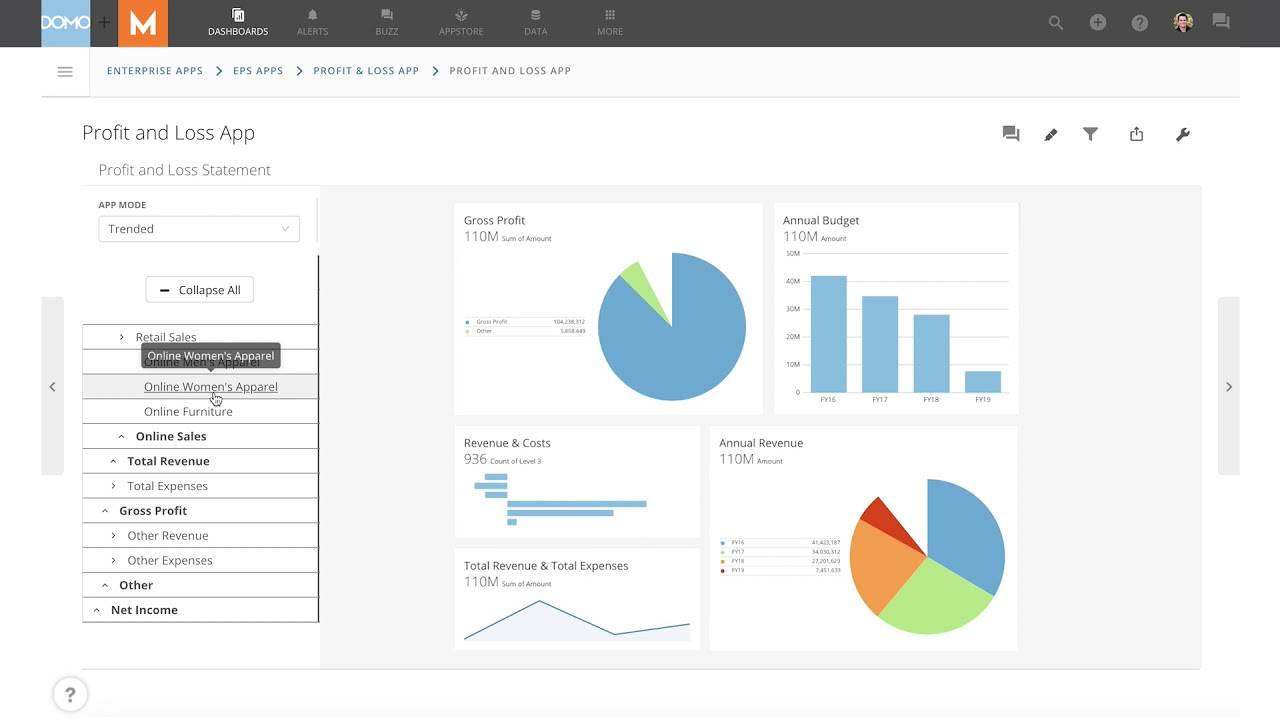 Domo dashboard displaying financial analytics with charts for revenue, profit, and expenses.