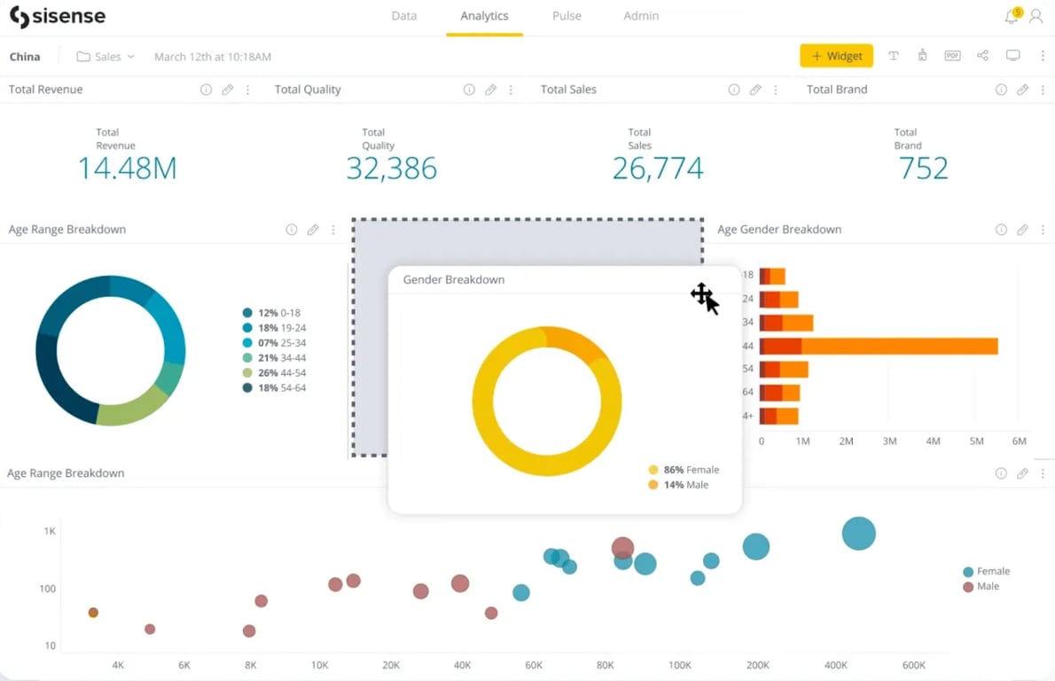 Sisense dashboard displaying revenue, sales, and demographic insights with interactive charts.