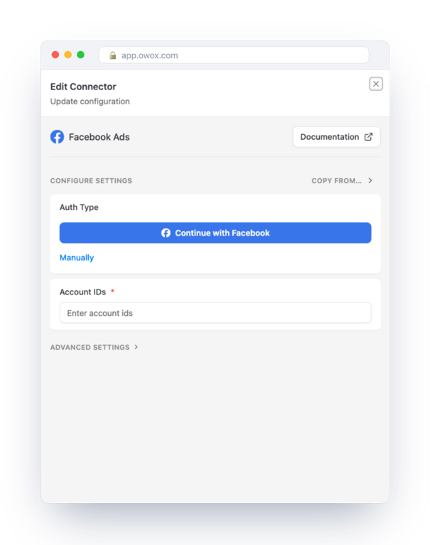 Facebook Ads connector settings in OWOX Data Marts with a Continue with Facebook button, a Manually link and a required Account IDs field – one sign-in and the account number connect the source