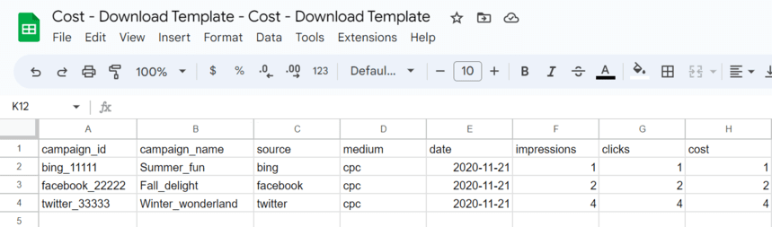 Spreadsheet of cost data with the columns campaign_id, campaign_name, source, medium, date, impressions, clicks and cost, and one row per campaign per day.