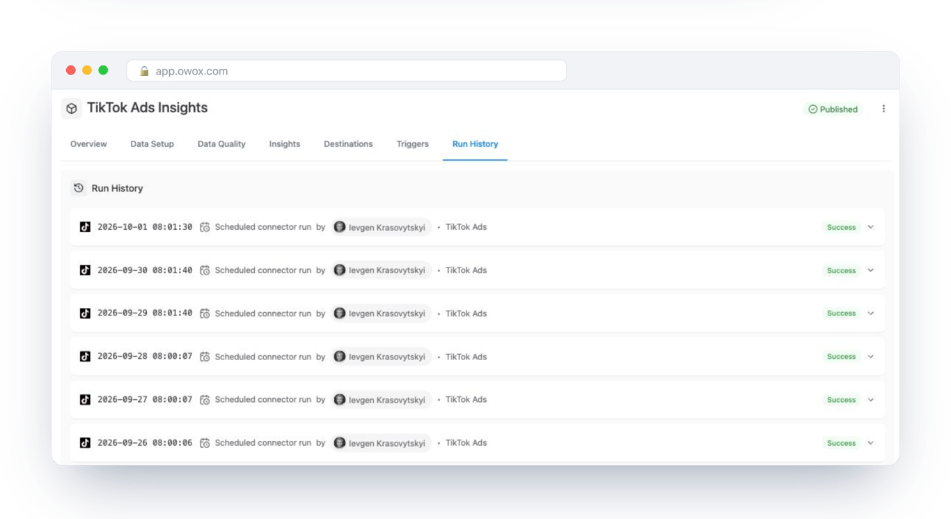 Run History of a Databricks Data Mart in OWOX Data Marts listing one scheduled run per day, each marked Success – every use of the warehouse is on the record