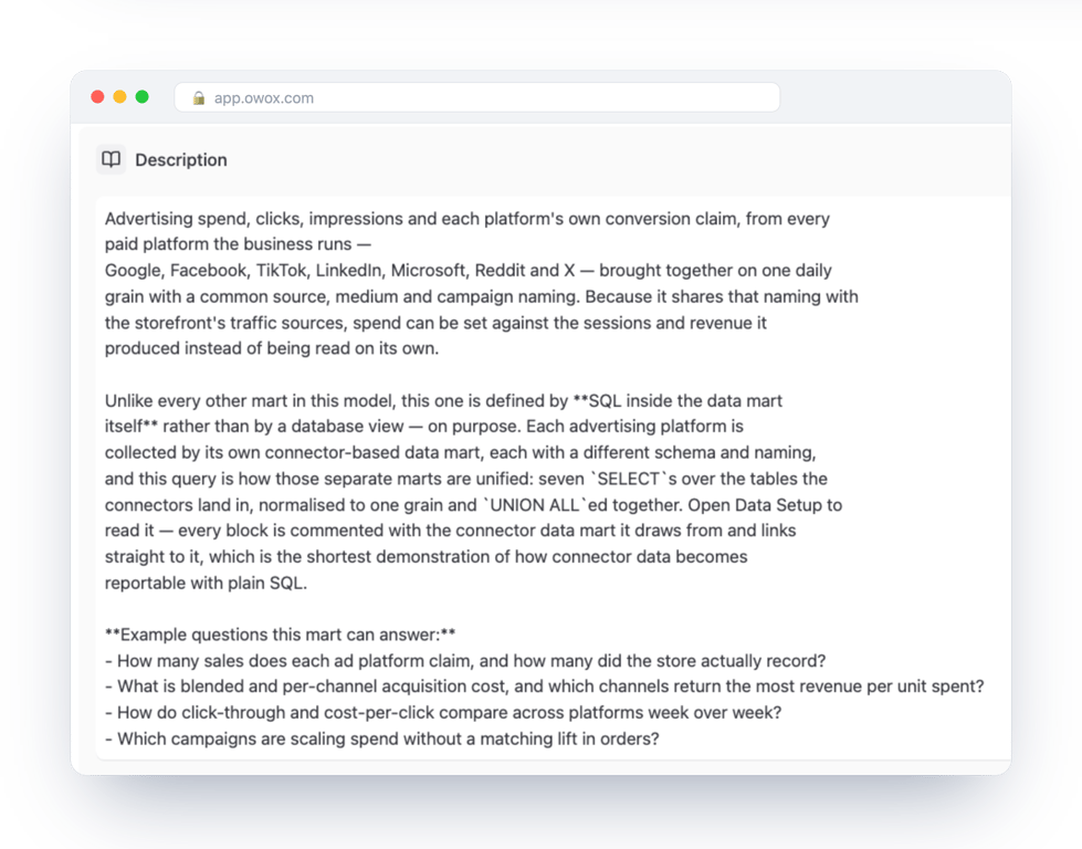 Description of the Unified Ad Spend data mart listing the platforms it unifies – Google, Facebook, TikTok, LinkedIn, Microsoft, Reddit and X – and the questions it can answer