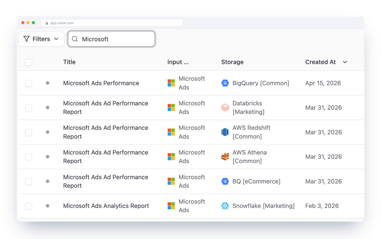 OWOX Data Marts list filtered to Microsoft Ads, showing connector data marts for the same source on BigQuery, Databricks, AWS Redshift, AWS Athena and Snowflake – the ad data lives in the data warehouse you choose, not in one sheet