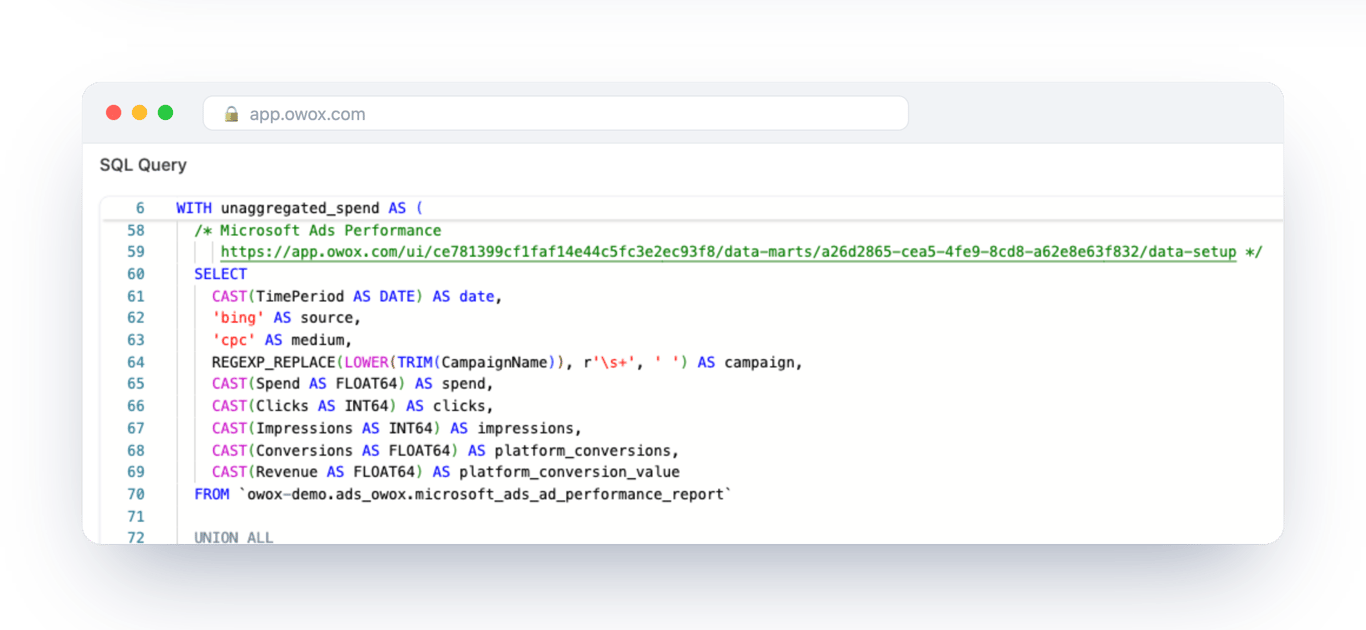 Data Setup of the Unified Ad Spend data mart in OWOX Data Marts, scrolled to the analyst-written SQL block for Microsoft Ads that maps Microsoft spend, clicks, impressions, conversions and revenue to shared columns and labels the source bing – Microsoft Ads is one input among the platforms unified in SQL