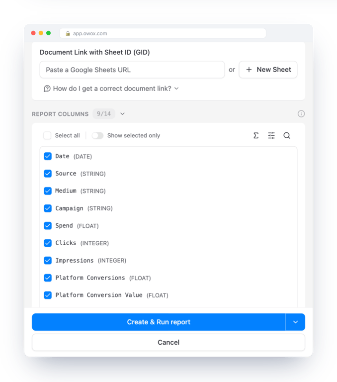 The Create new report form in OWOX Data Marts for a Google Sheets destination, with a document link or New Sheet, selectable report columns and the Create & Run report button – how a data mart becomes a sheet