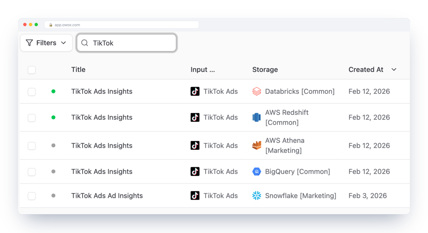OWOX Data Marts list filtered to TikTok Ads, showing connector data marts for the same source on Databricks, AWS Redshift, AWS Athena, BigQuery and Snowflake – the ad data lives in the data warehouse you choose, not in one sheet