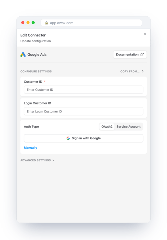 Edit Connector form for Google Ads in OWOX Data Marts with Customer ID and Login Customer ID fields, an auth type switch between OAuth2 and Service Account, and a Sign in with Google button – the ad account and the manager account are entered separately