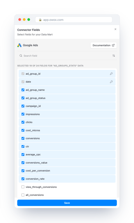 Connector Fields panel for Google Ads in OWOX Data Marts with 19 of 24 fields selected for the ad groups stats endpoint, ad_group_id and date locked as keys, and cost_micros among the metrics – cost is delivered in micros, as the API returns it