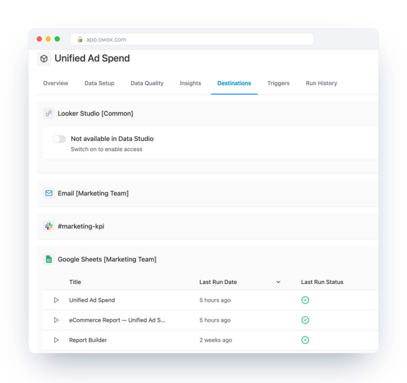 Destinations tab of a Data Mart in OWOX Data Marts with Data Studio, email, Slack and Google Sheets destinations and three reports with a successful last run – one definition delivered to several places