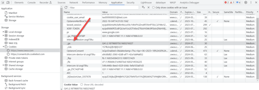 Chrome DevTools Application tab with the cookie list of a site and an arrow on the _ga row. The value after the second period is the Client ID of this browser.
