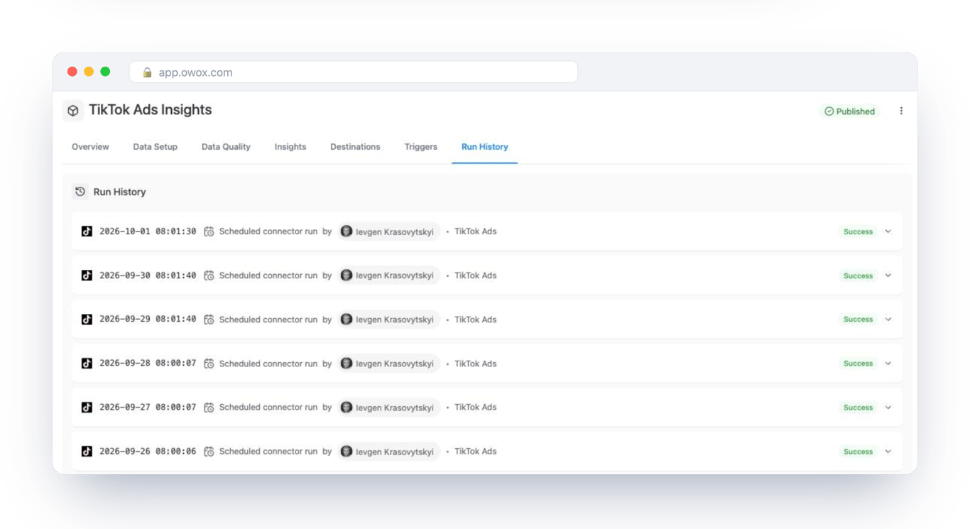 Run History tab of a TikTok Ads Data Mart on Databricks in OWOX Data Marts, listing scheduled connector runs on consecutive days, each with a Success status – the daily load is visible and auditable