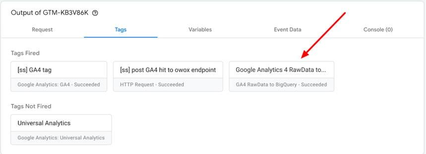 Google Tag Manager preview showing “Google Analytics 4 RawData to BigQuery” tag fired.