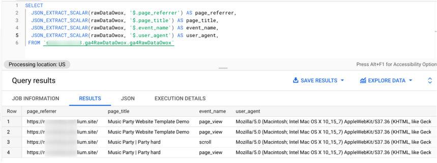 Google BigQuery interface showing SQL query and results for GA4 raw data extraction.