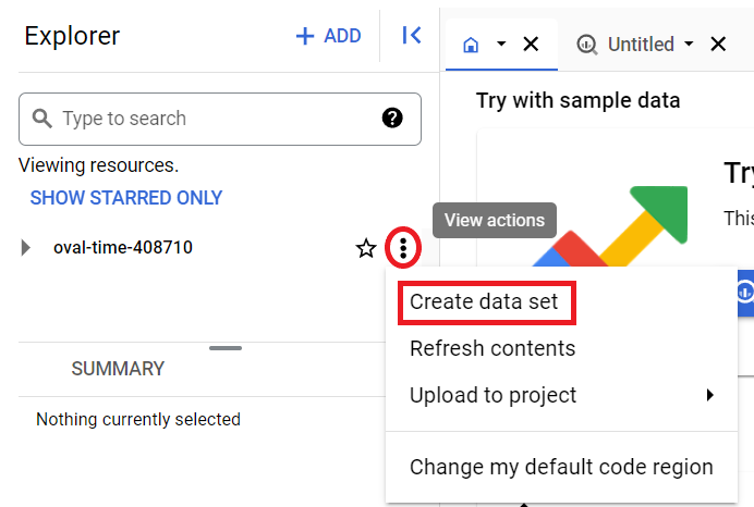 Google BigQuery interface with “Create data set” option highlighted in a dropdown menu.