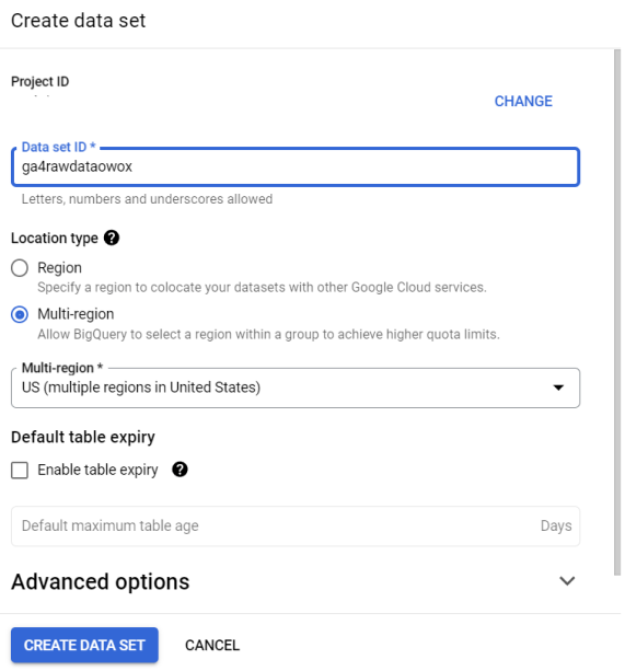 Google BigQuery data set creation form with location type selection.