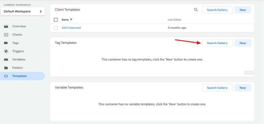 Google Tag Manager interface with “Search Gallery” button highlighted for adding tag templates.