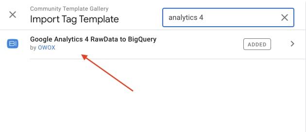 Google Tag Manager Community Template Gallery showing the “Google Analytics 4 RawData to BigQuery” tag by OWOX.