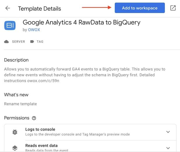 Google Tag Manager template details with “Add to workspace” button highlighted.