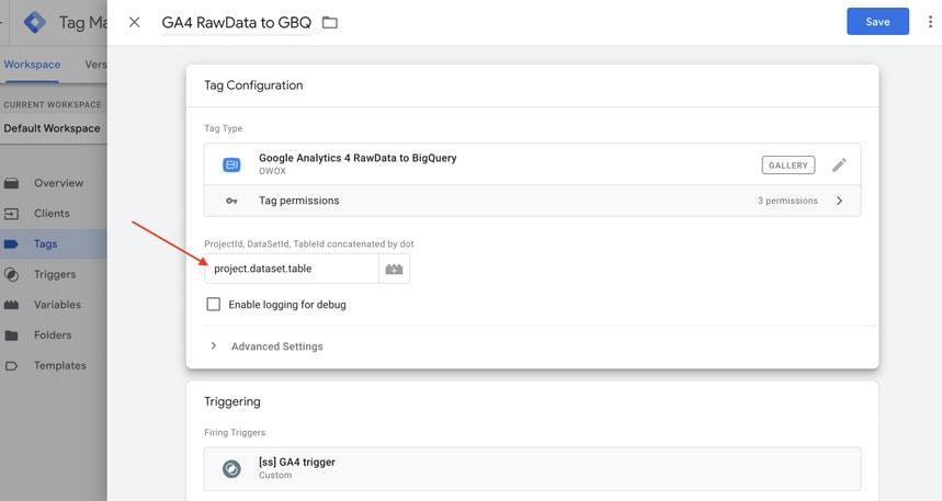 Google Tag Manager tag configuration for GA4 RawData to BigQuery tag.