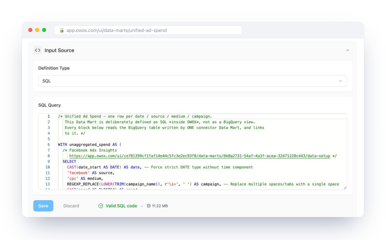 The SQL definition of the Unified Ad Spend Data Mart in OWOX Data Marts, with the analyst’s comments on how each source is mapped – one definition of ad spend that every report and question reads.