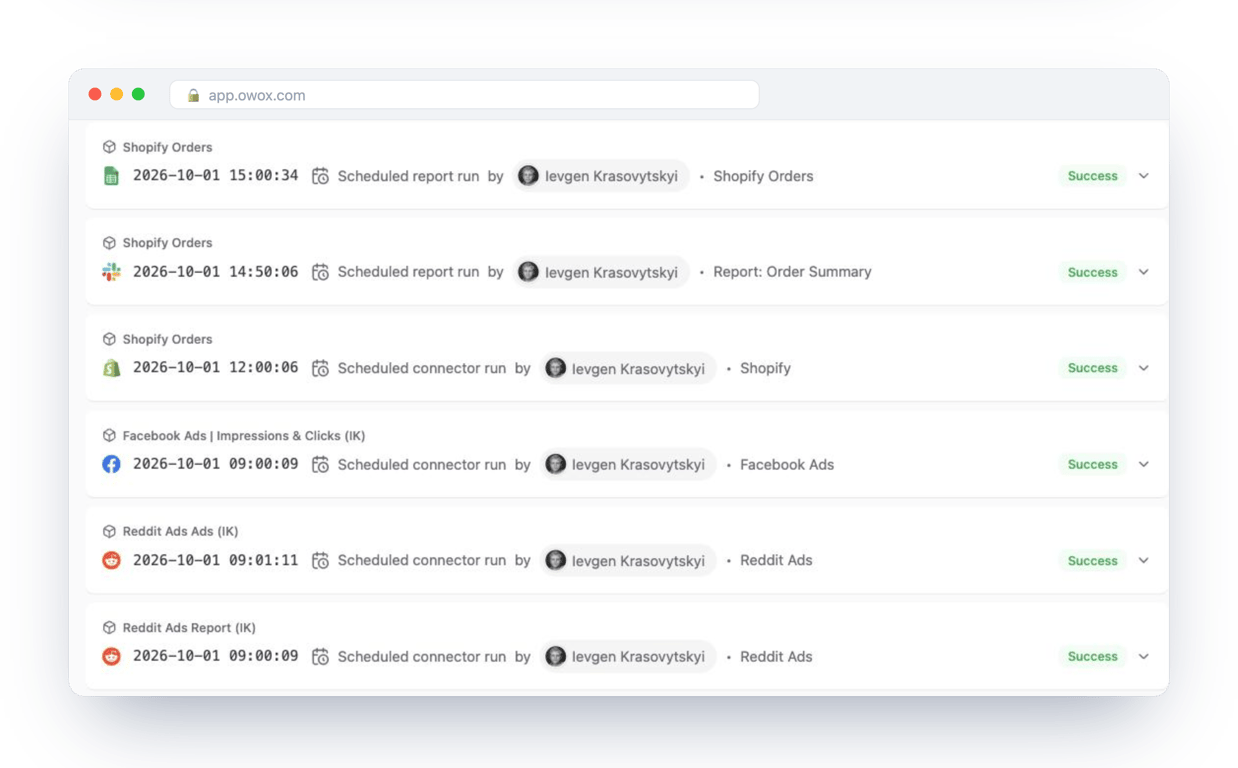 Run History in OWOX Data Marts listing every query run against the Data Marts with its source and status – the audit trail that lets a business user’s question be traced back to the SQL that answered it