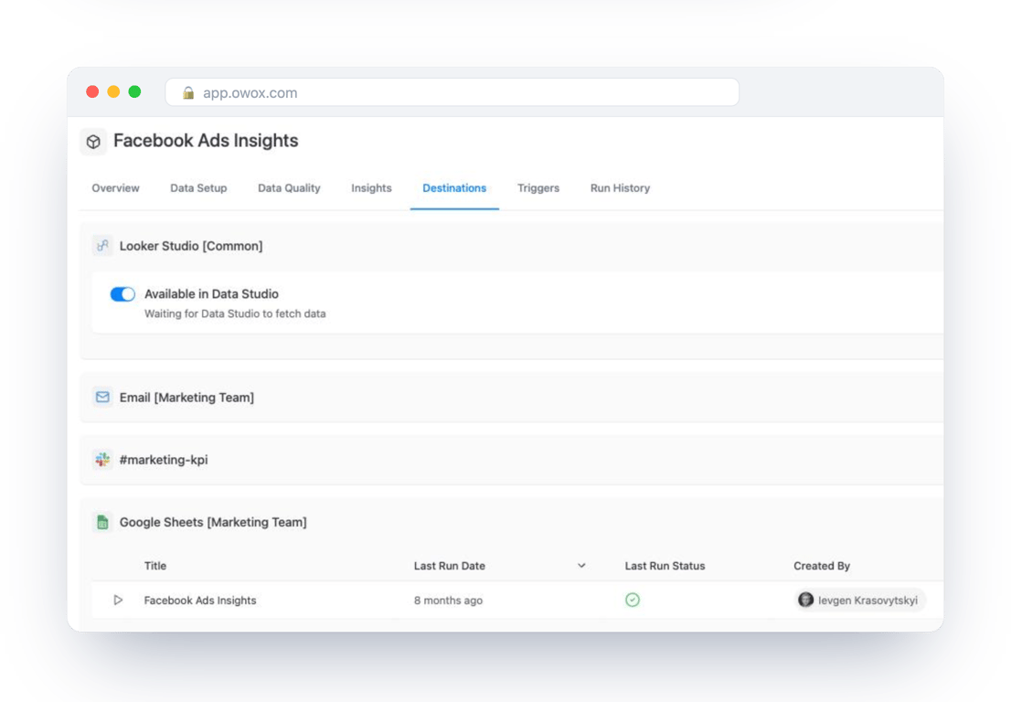 Destinations tab of a Snowflake Data Mart in OWOX Data Marts listing Data Studio, Email, Slack and a Google Sheets report with its last run status – one definition delivered where people already work