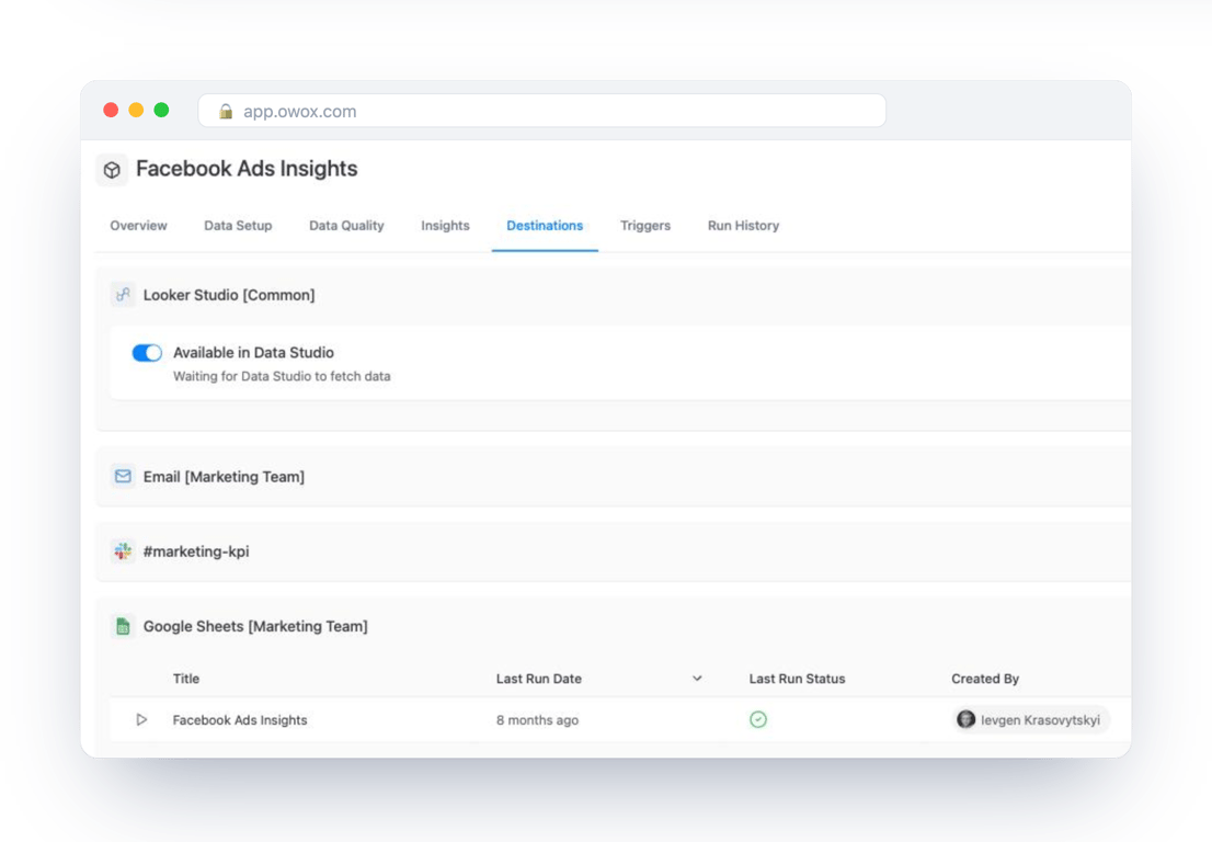 Destinations tab of a Snowflake Data Mart in OWOX Data Marts listing Data Studio, Email, Slack and a Google Sheets report with a successful last run – one definition, several places to read it