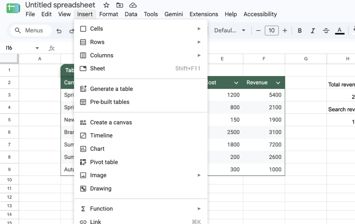 The Insert menu of Google Sheets with the items Generate a table and Pre-built tables under the Sheet item