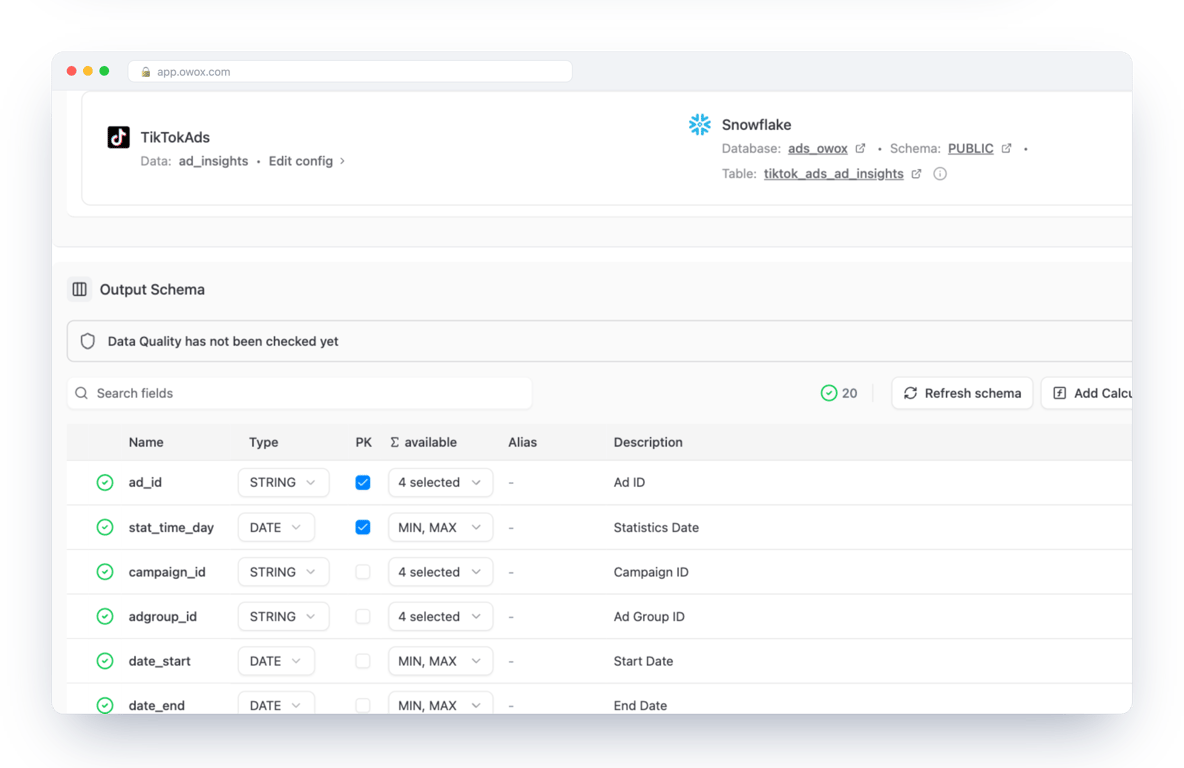 Data Setup tab of a TikTok Ads connector Data Mart in OWOX Data Marts, showing the TikTokAds source with the ad_insights endpoint, the Snowflake database, schema and table it writes to, and the output schema with ad_id and stat_time_day as keys – the table is in your own account