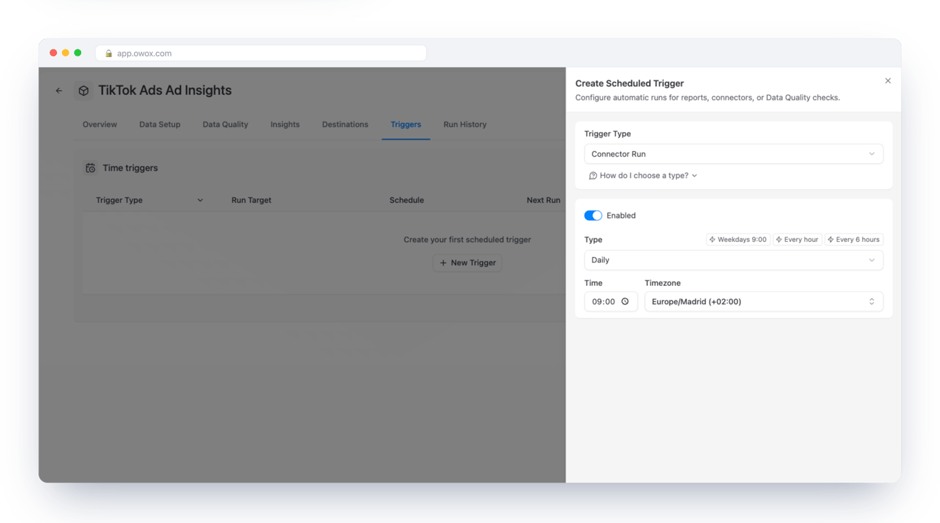 Create Scheduled Trigger form in OWOX Data Marts on the TikTok Ads Data Mart, with trigger type Connector Run, a daily schedule at 09:00 and a time zone – the load repeats without anyone starting it