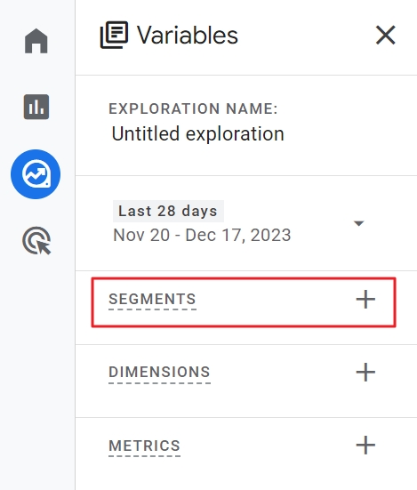 Google Analytics Explore panel with options to add segments, dimensions, and metrics for custom reports.