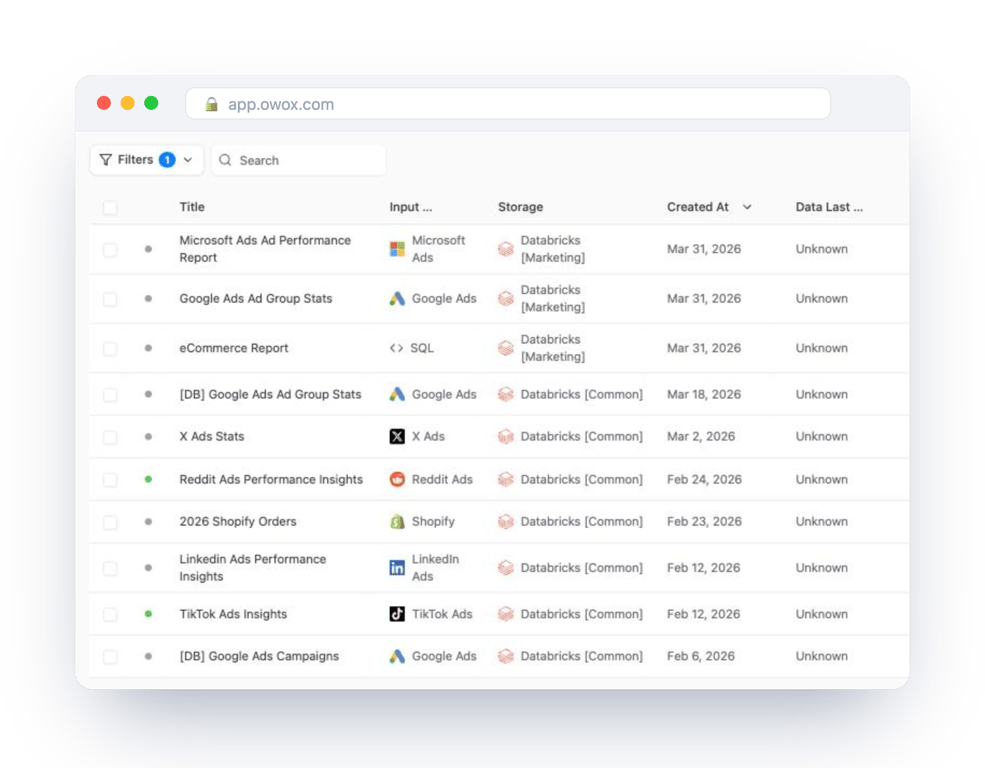 Data Marts list in OWOX Data Marts filtered to Databricks storage, showing ten Data Marts fed by ad platform connectors, Shopify and SQL – collected and reporting data both live in Databricks