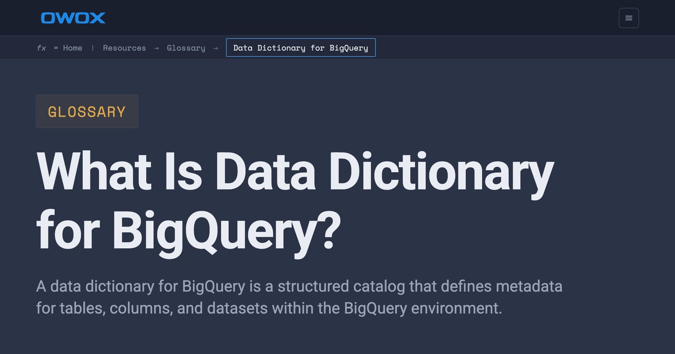 Data Dictionary for BigQuery