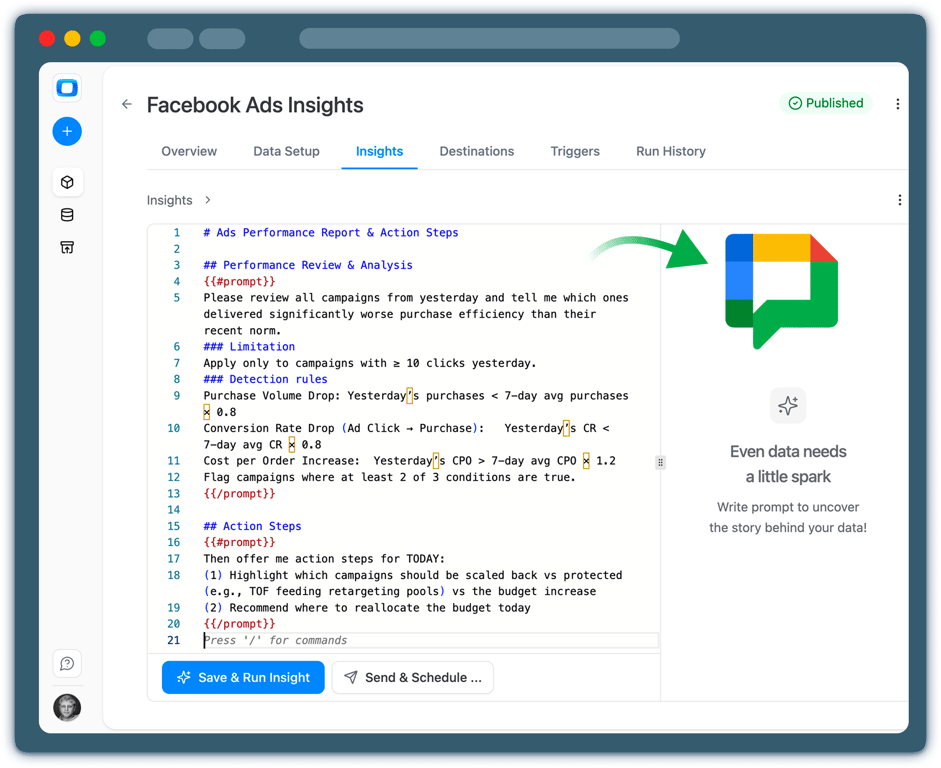The Insights tab of an OWOX Data Marts data mart, with a written analysis prompt whose results are delivered to Google Chat.