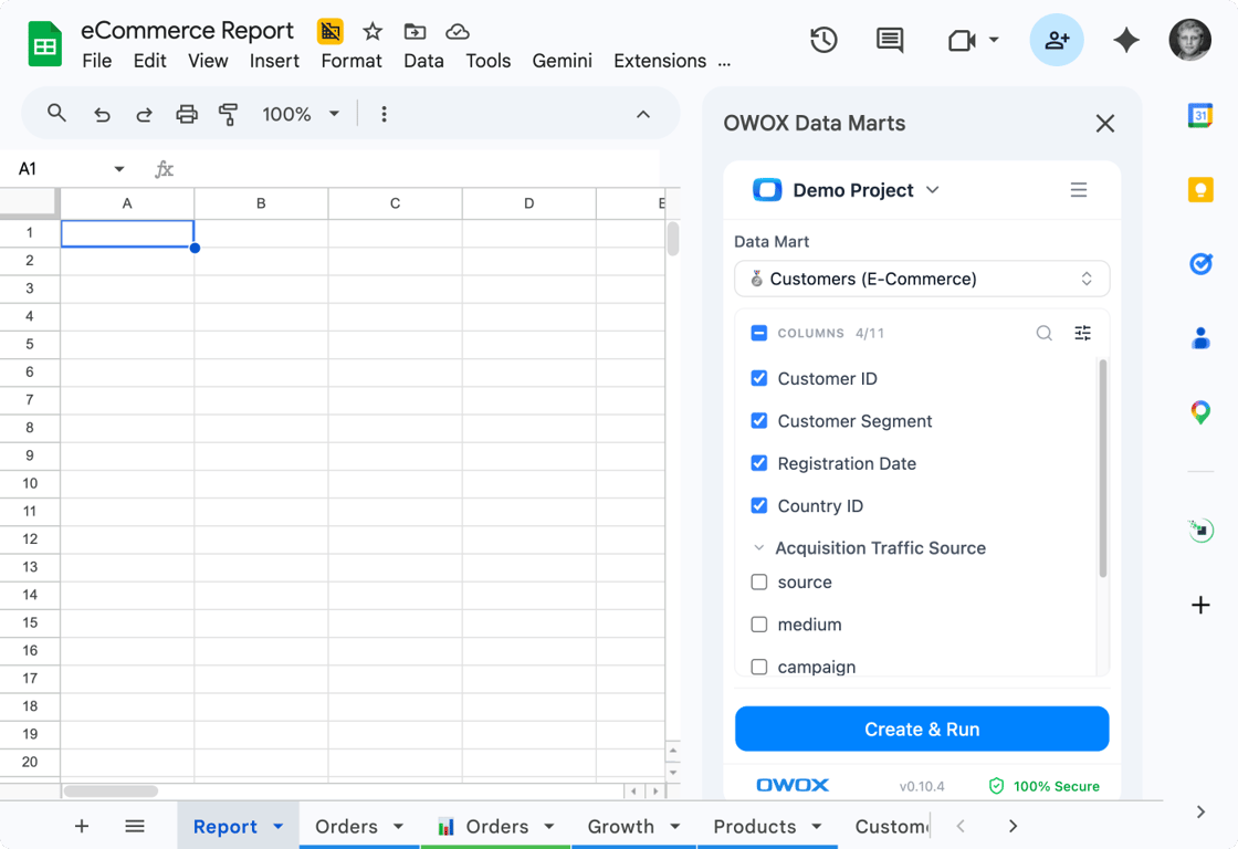 The Insights tab of an OWOX Data Marts data mart, with a written analysis prompt whose results are delivered to Google Sheets.