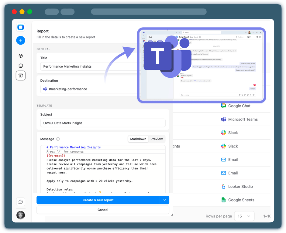 The report dialog in OWOX Data Marts, sending an insight titled “Performance Marketing Insights” to Microsoft Teams.