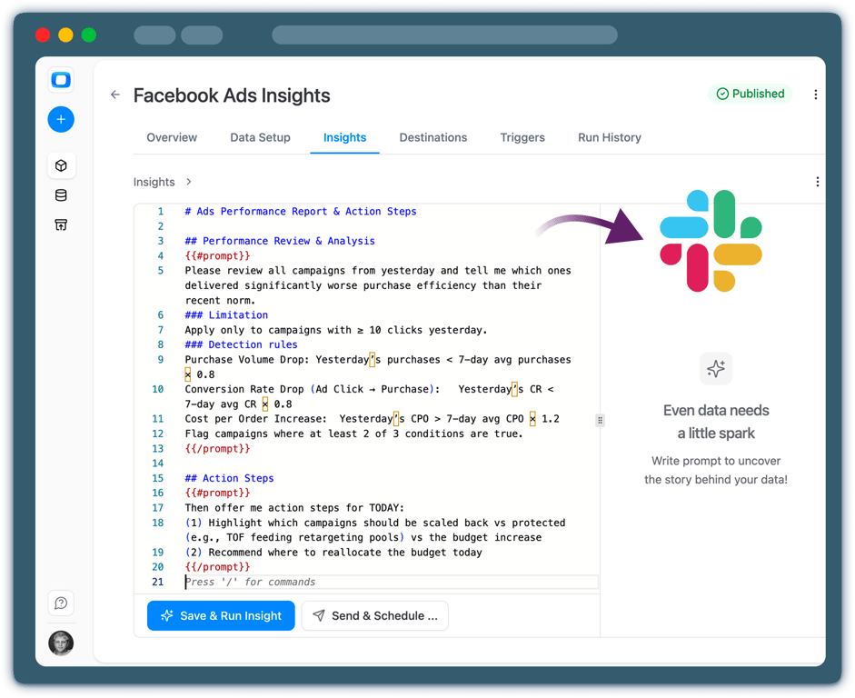 The Insights tab of an OWOX Data Marts data mart, with a written analysis prompt whose results are delivered to Slack.