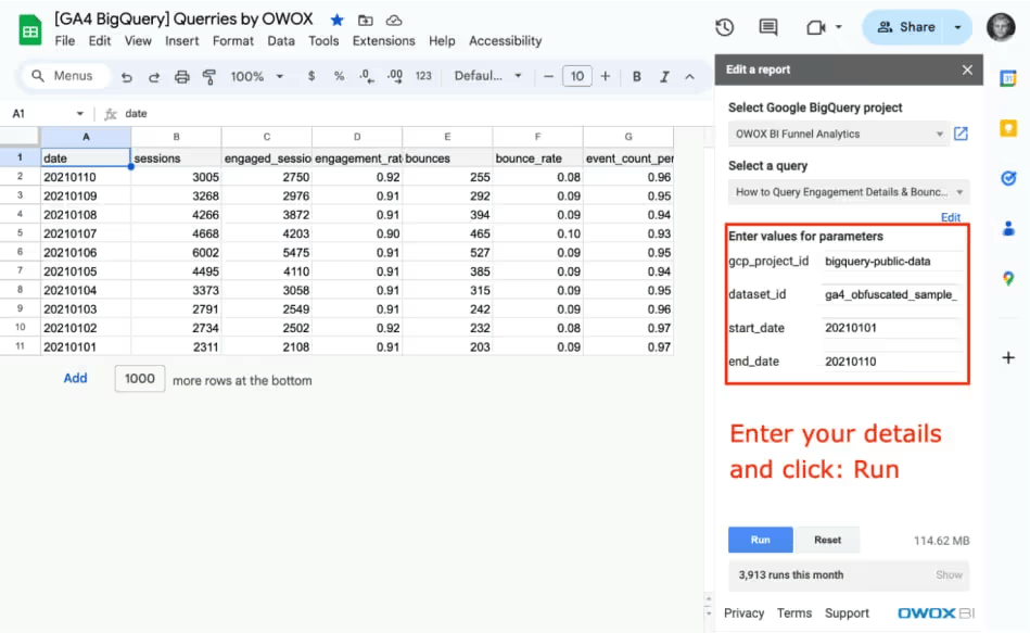 The Google Sheet the engagement and bounce rate report fills, with the extension panel asking for project, dataset and dates.