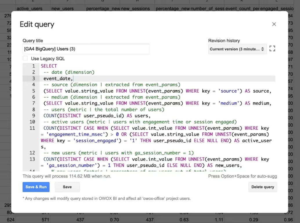 The Edit query dialog in OWOX BI, holding the SQL for the user count by source, medium and date query.