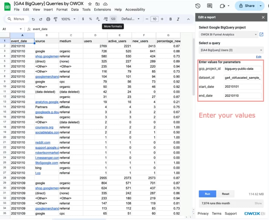 The Google Sheet the user count by source, medium and date report fills, with the extension panel on the right.