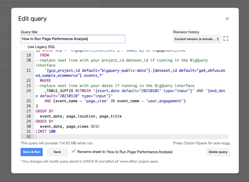 The Edit query dialog in OWOX BI, holding the SQL for the landing page performance query.
